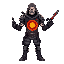 human prisoner with a core in its heart with vains and blod around it and a robotic right hand and hunan left hand with a futuristic sword in it
