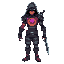 human prisoner with a core in its heart with vains and blod around it and a robotic right hand and hunan left hand with a futuristic sword in it