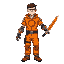 human prisoner in orange prison clothing with cyborg core in his heart and a robotic right hand that can become a shield and a futuristic sword in his left hand heading to the right 