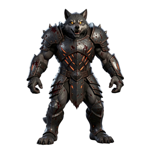 o modelo 3d de jason yamada, o "lobo sedento de sangue", apresenta um visual de realismo estilizado e sombrio em uma pose poderosa e desgastada pela batalha. ele veste a armadura dos pecados, uma proteção pesada de placas segmentadas de ferro escuro e aço