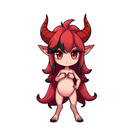 medium breast, red horns, fluffy red long wavy hair with black parts, red eyes