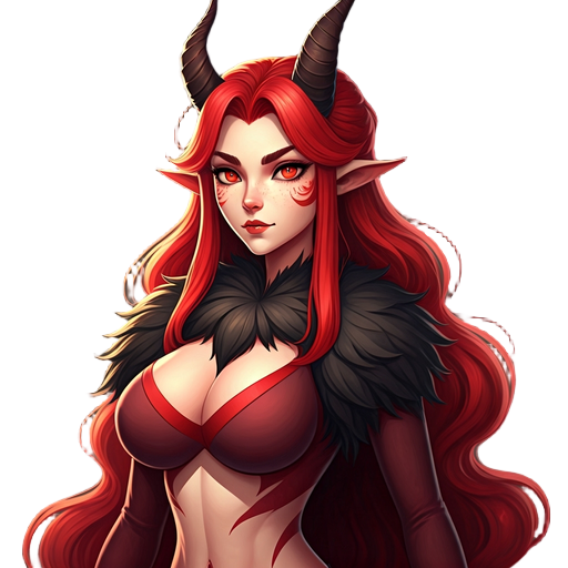 medium breast, red horns, fluffy red long wavy hair with black parts, red eyes