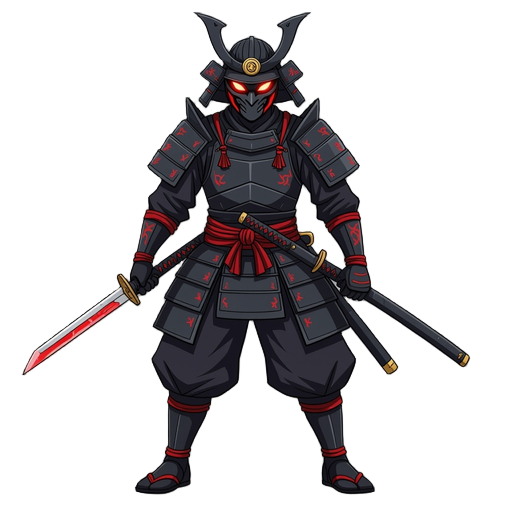 um samurai sombrio usando armadura negra detalhada com ombreiras afiadas e máscara demoníaca cobrindo o rosto, segurando uma katana longa com lâmina brilhante vermelha, postura ereta e simétrica, o com expressão intimidadora, detalhes em vermelho incandes
