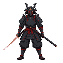 um samurai sombrio usando armadura negra detalhada com ombreiras afiadas e máscara demoníaca cobrindo o rosto, segurando uma katana longa com lâmina brilhante vermelha, postura ereta e simétrica, o com expressão intimidadora, detalhes em vermelho incandes
