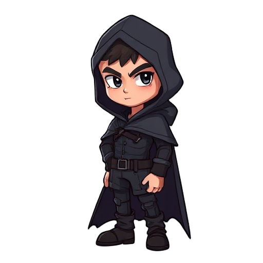 crie um personagem em forma humana com uma estética dark, vestido com uma capa e um capuz, usando uma lâmina, deixe em um aspecto sombrio