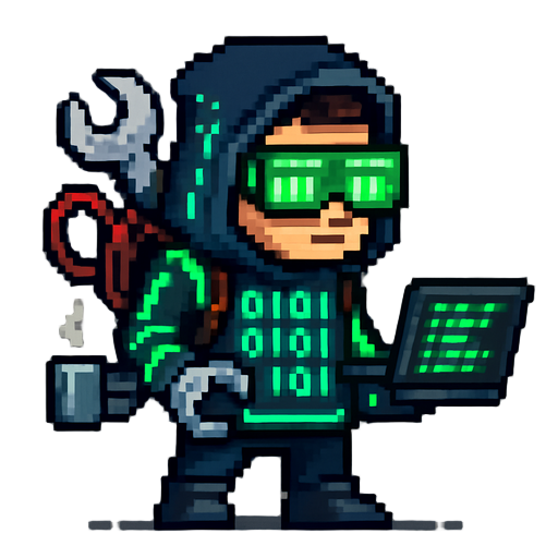 this character is a pixel-art cyber-mechanic hacker: hoodie with glowing binary, neon circuit stripes, green ar glasses, a wrench-and-wire backpack, a robotic clamp hand, and a laptop streaming code. they’re half-coder, half-engineer—debugging reality wit