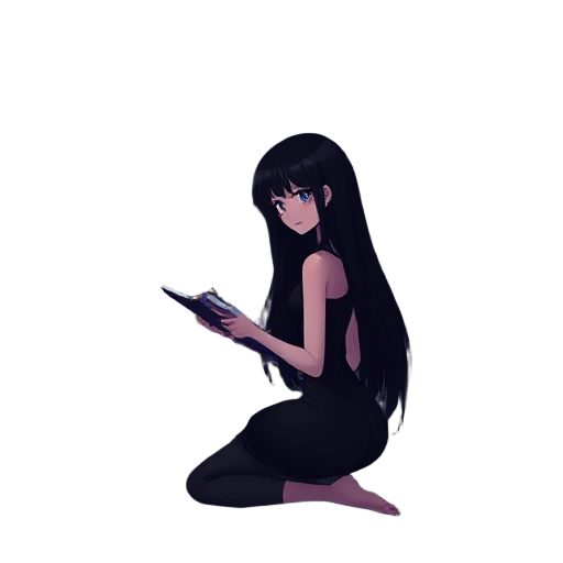 a pale anime girl with long black hair wearing black tight dress studying in her room next to a nyc window in the night 