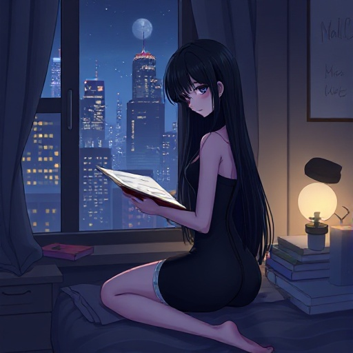 a pale anime girl with long black hair wearing black tight dress studying in her room next to a nyc window in the night 