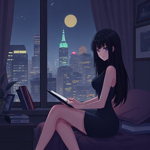 a pale anime girl with long black hair wearing black tight dress studying in her room next to a nyc window in the night with her bf