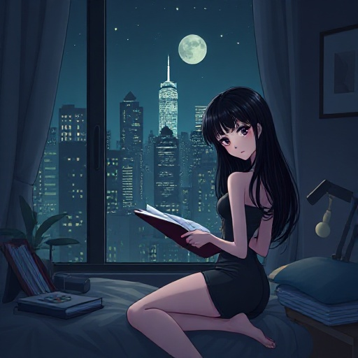 a pale anime girl with long black hair wearing black tight dress studying in her room next to a nyc window in the night with her bf
