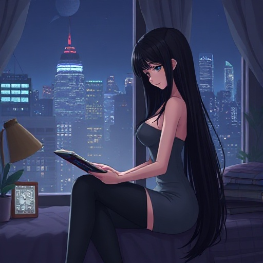a pale anime girl with long black hair wearing black tight dress studying in her room next to a nyc window in the night with her bf