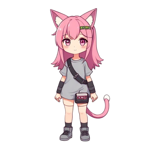 full body view of a chibi person with long pink hair, cat ear and tail with a band around it, light grey shirt which is longer than the torso, arm and leg warmers, controller bag around hip and grey shoes
