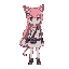 full body view of a chibi person with long pink hair, cat ear and tail with a band around it, light grey shirt which is longer than the torso, arm and leg warmers, controller bag around hip and grey shoes