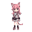 full body view of a chibi person with long pink hair, cat ear and tail with a band around it, light grey shirt which is longer than the torso, arm and leg warmers, controller bag around hip and grey shoes