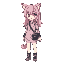 full body view of a chibi person with long pink hair, cat ear and tail with a band around it, light grey shirt which is longer than the torso, arm and leg warmers, controller bag around hip and grey shoes