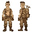 short, buzz-cut man with widow’s peak, tan patched clothes, belt tools, large pack. calm, serious face. earth tones, worn boots. looks like a young but steady traveler.