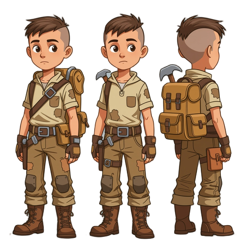 short, buzz-cut boy with widow’s peak, tan patched clothes, belt tools, large pack. calm, serious face. earth tones, worn boots. looks like a young but steady traveler.