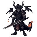 a demonic samurai god in blackened armor and tattered robes, glowing blue eyes, spectral flames trailing behind him. he wields a cursed blade with arcane power. tall, gaunt, and terrifyingly precise.
