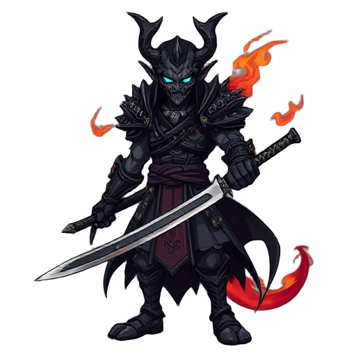 a demonic samurai god in blackened armor and tattered robes, glowing blue eyes, spectral flames trailing behind him. he wields a cursed blade with arcane power. tall, gaunt, and terrifyingly precise.