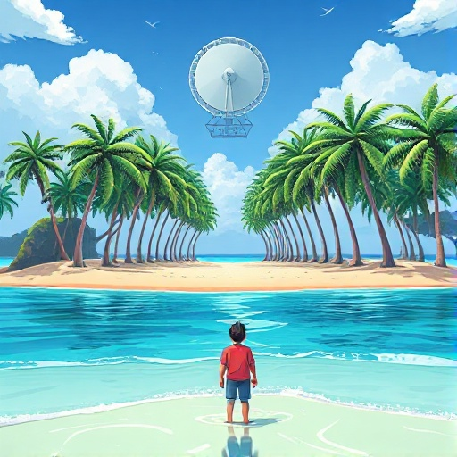 tropical island beach, from first perspective of someone standing knee-deep in the water, see beach, line of trees and pathway to the depth of the island, above tree line there is a huge satellite dish