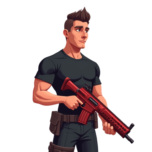 a soldier, black t-shirt, red gun