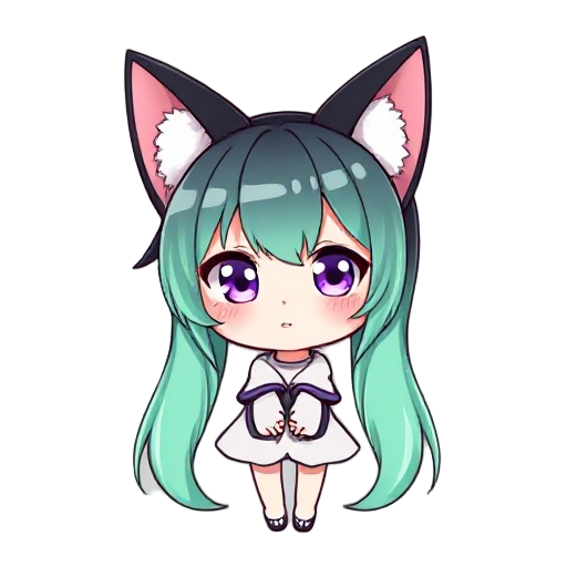 a cute anime girl with long mint green twin tails, wearing oversized black cat ears with fluffy white inner fur. she has sharp purple eyes with a mischievous and playful expression, slightly blushing 