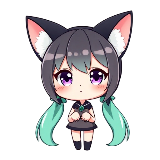 a cute anime girl with long mint green twin tails, wearing oversized black cat ears with fluffy white inner fur. she has sharp purple eyes with a mischievous and playful expression, slightly blushing 