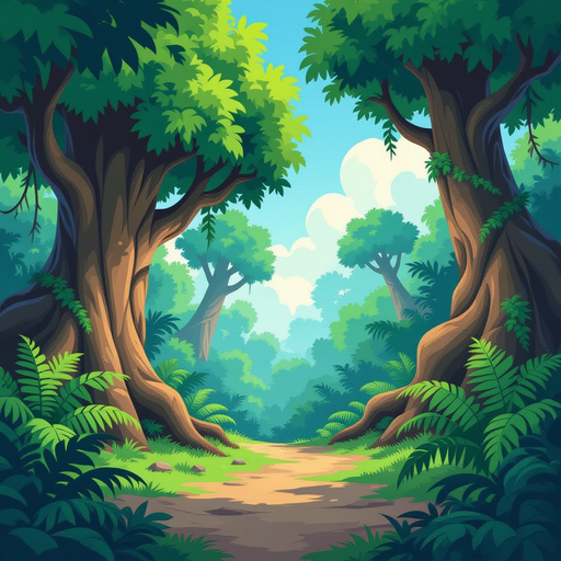"dense prehistoric jungle background for a 2.5d side-scroller platformer game, inspired by donkey kong tropical freeze. lush and exaggerated vegetation, massive twisted trees, oversized ferns, thick v