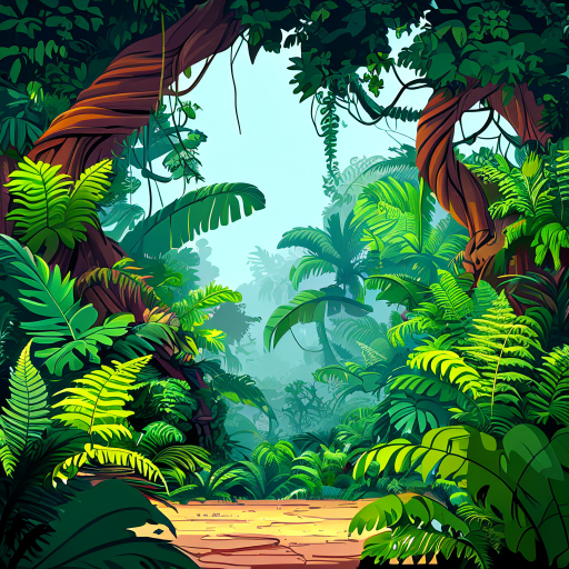 "dense prehistoric jungle background for a 2.5d side-scroller platformer game, inspired by donkey kong tropical freeze. lush and exaggerated vegetation, massive twisted trees, oversized ferns, thick v