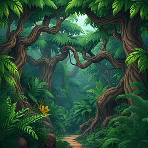 "dense prehistoric jungle background for a 2.5d side-scroller platformer game, inspired by donkey kong tropical freeze. lush and exaggerated vegetation, massive twisted trees, oversized ferns, thick v