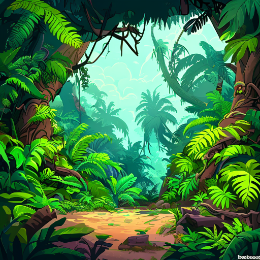 "dense prehistoric jungle background for a 2.5d side-scroller platformer game, inspired by donkey kong tropical freeze. lush and exaggerated vegetation, massive twisted trees, oversized ferns, thick v