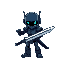 a headless dark blue robot holding a sword 