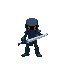 a headless dark blue robot holding a sword 