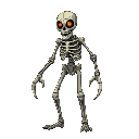 giant skeleton, tall, stooping, mantis blades instead of arms, burning glowing eyes