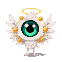 a giant eye, with golden orbits rotating around it, with feathers and more eyes, angelic, celestial