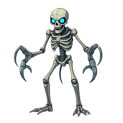 giant skeleton, tall, stooping, mantis blades instead of arms, cyan glowing eyes
