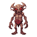 a grotesque flesh golem stitched together from various cuts of meat, standing in a dark dungeon laboratory. the creature has glowing red eyes and visible stitches holding its mismatched meat parts tog