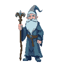an extremely wise ice wizard with a staff and about 50 years old