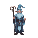 an extremely wise ice wizard with a staff and about 50 years old