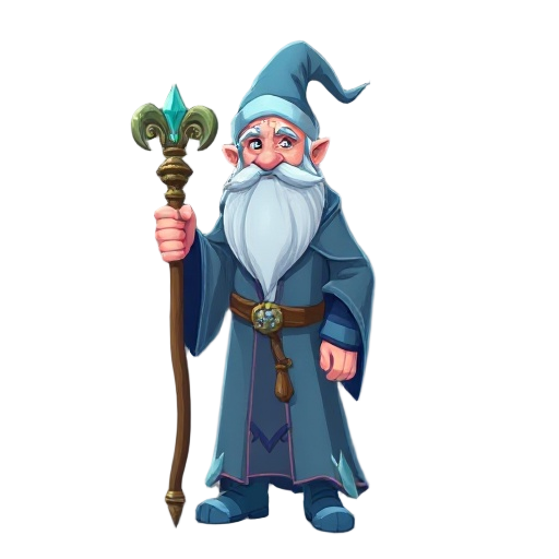 an extremely wise ice wizard with a staff and about 50 years old