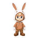 a boy dressed as a rabbit with his white hood with rabbit ears he is blond and his hood hides part of him and the hood is closed he has a kind of mario style but he has no nose he has a cartoon style 