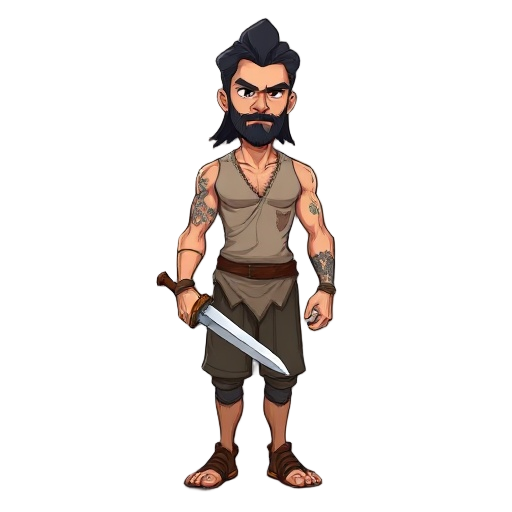 um homem sem camisa com uma espada, ele possui cabelos longos pretos e a calça é marrom, ele tem uma cicatriz gigante no rosto na parte direita da bochecha 