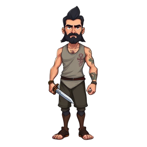 um homem sem camisa e sem barba com uma espada, ele possui cabelos longos pretos e a calça é marrom, ele tem uma cicatriz gigante no rosto na parte direita da bochecha 