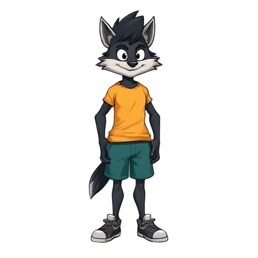 um garoto moreno, cabelo preto cacheado, olhos pretos, blusa amarela, cachecol verde escuro, shorts azuis escuros e tênis pretos.