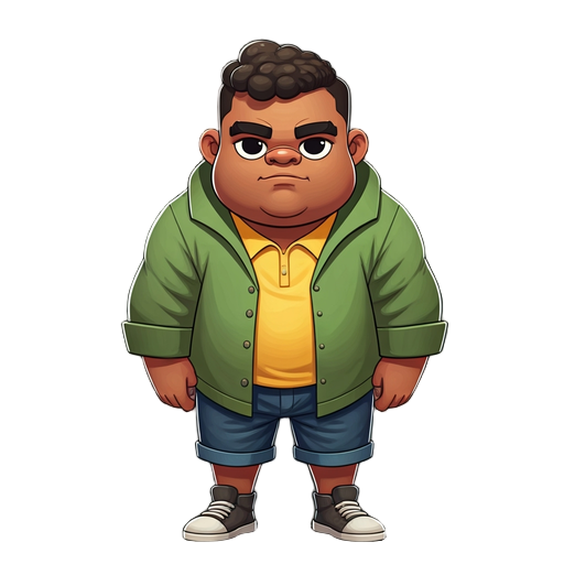 um garoto humano moreno de cabelos cacheados e olhos pretos, tênis pretos, um casaco verde no pescoço, roupa amarela clara e short azul escuro 