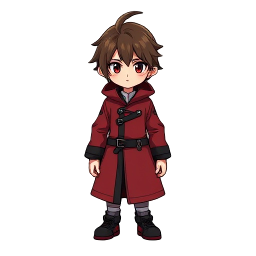 character with red and black coat with brown hair