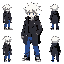  make one character with black coat, white hair, blue pants and black sneakers, similar to the pokemon fire red gba dolls