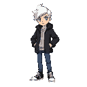  make one character with black coat, white hair, blue pants and black sneakers, similar to the pokemon fire red gba dolls