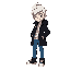  make one character with black coat, white hair, blue pants and black sneakers, similar to the pokemon fire red gba dolls