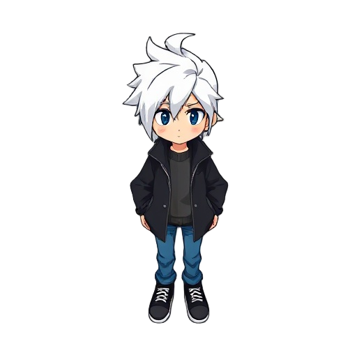 make one character with black coat, white hair, blue pants and black sneakers
